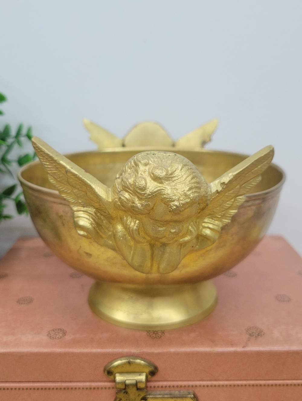 Vintage Copper & Brass Double Angel Pedestal Bowl - Hollywood Regency Home Decor